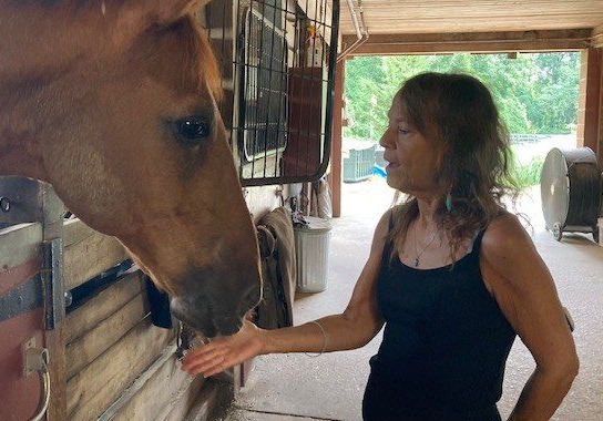 Donna Sue Rosenthal in a barn, a chestnut horse reaching toward her hand